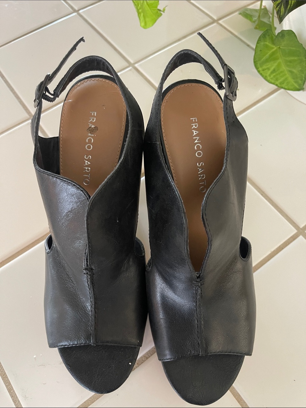 Franco Sarto Black Leather Open-Toe Slingback Heels